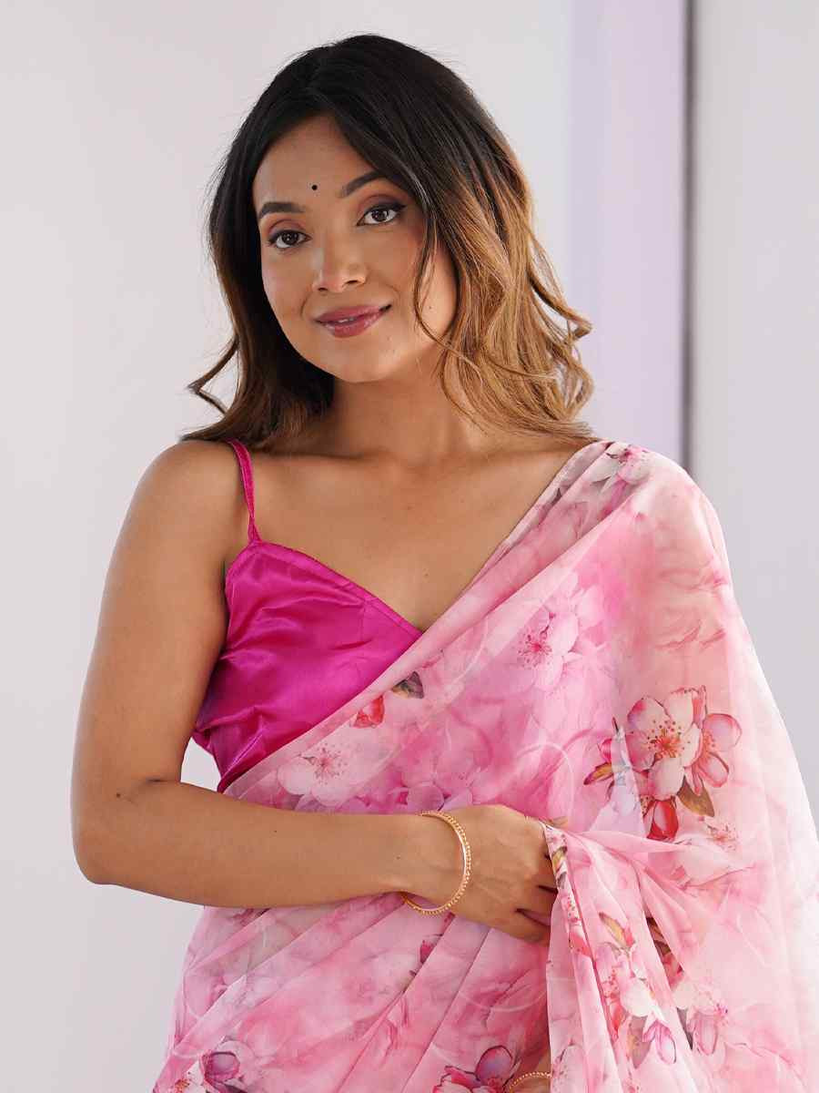 Pink Organza Printed Festival Wedding Fancy Heavy Border Saree