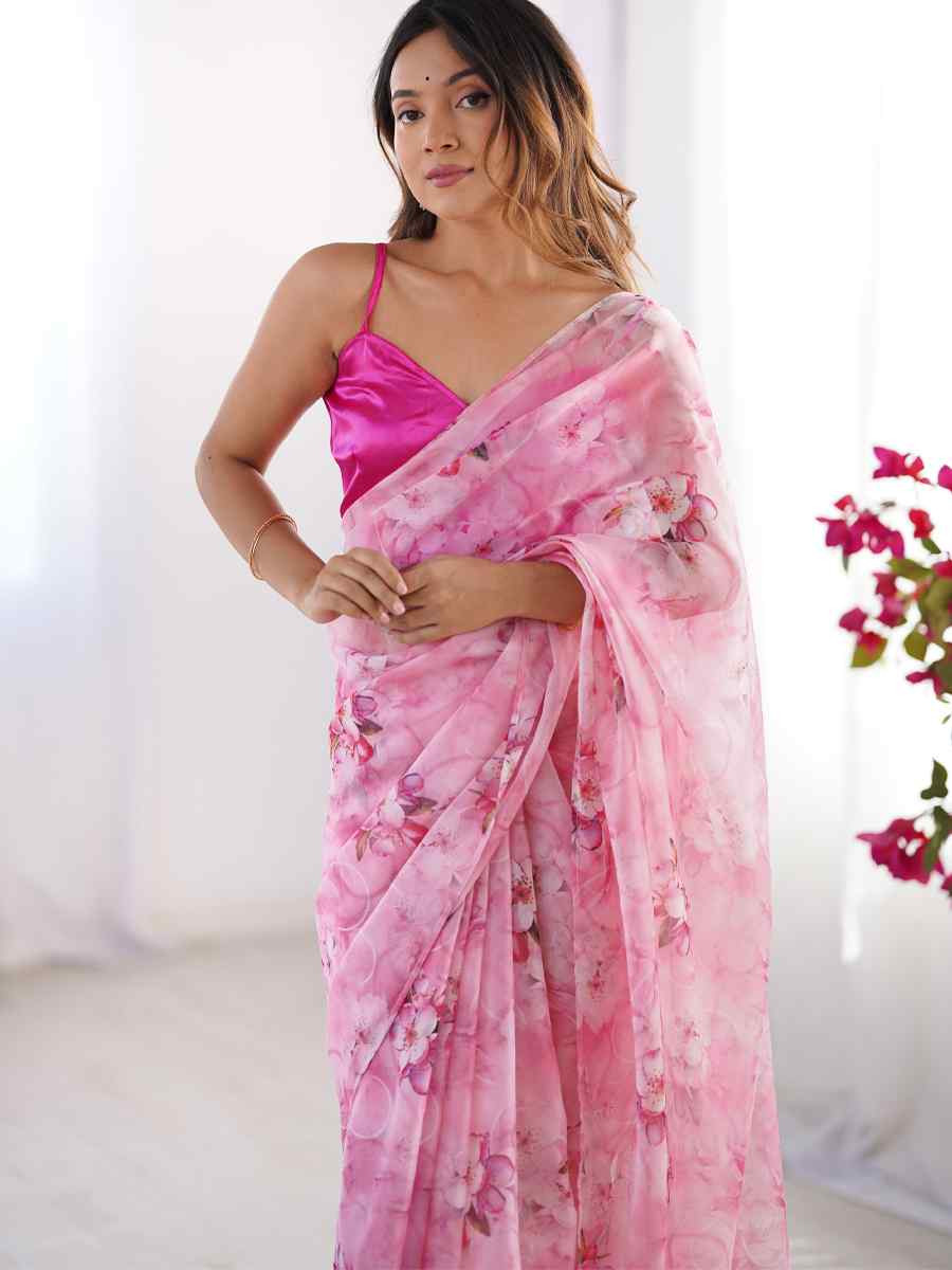 Pink Organza Printed Festival Wedding Fancy Heavy Border Saree