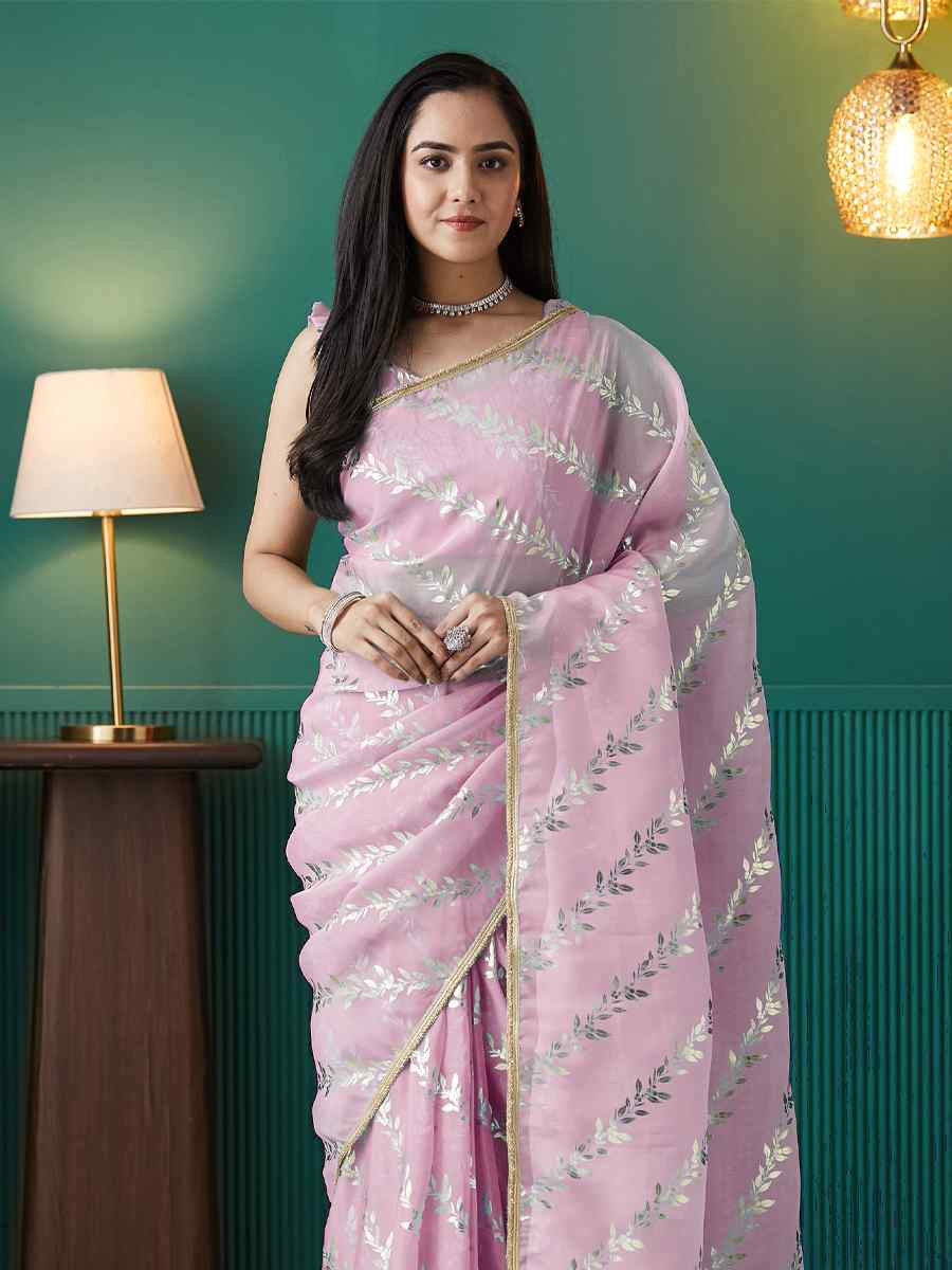 Pink Organza Printed Party Reception Festival Wedding Fancy Classic Style Sarees