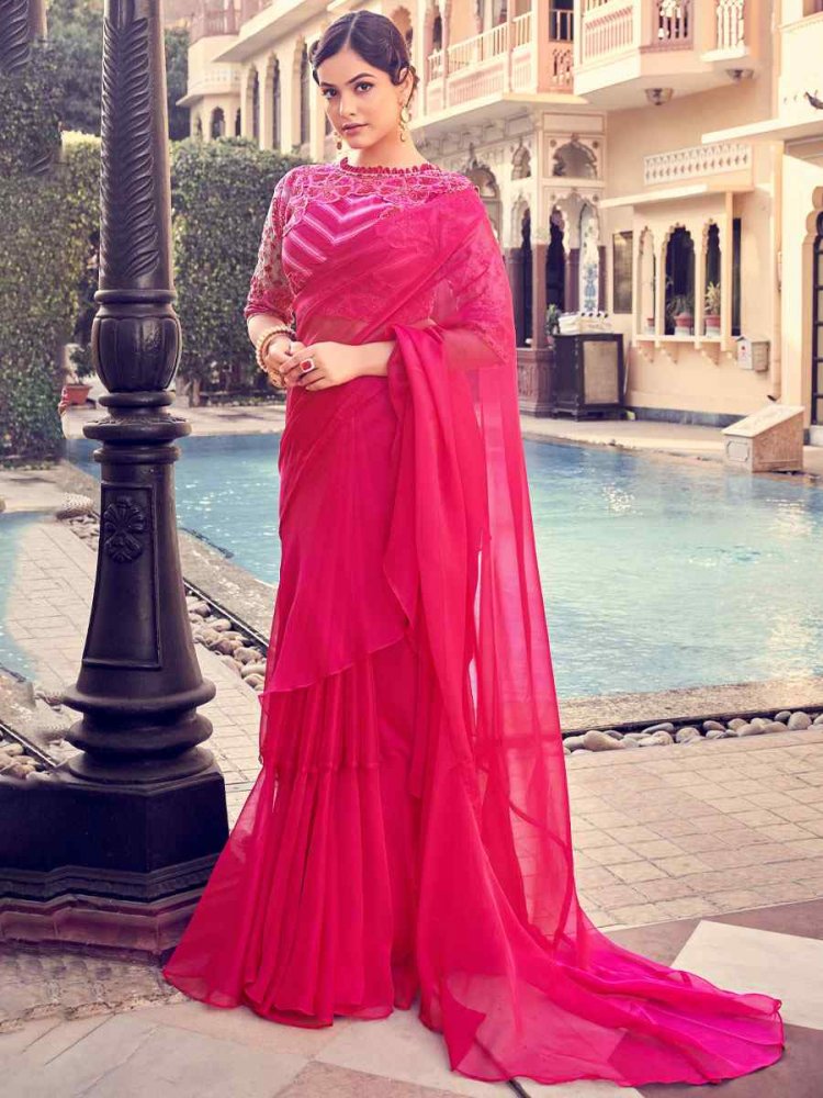 Pink Organza Sequins Party Festival Classic Style Saree