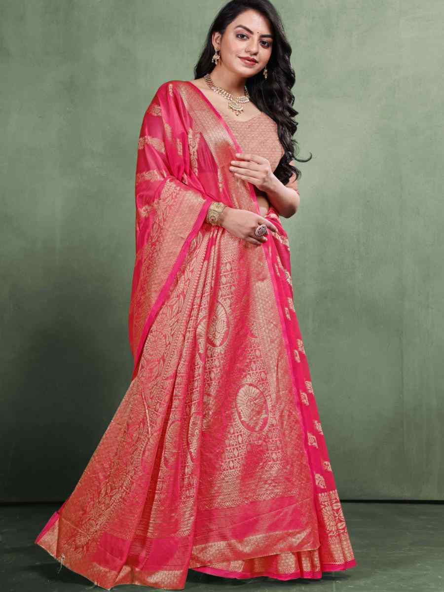 Pink Organza Silk Handwoven Zari Bridal Reception Festival Wedding Fancy Heavy Border Saree