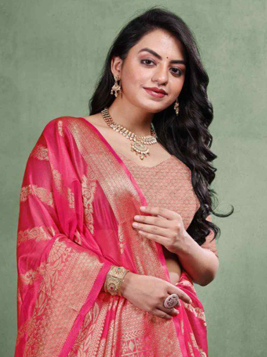 Pink Organza Silk Handwoven Zari Bridal Reception Festival Wedding Fancy Heavy Border Saree