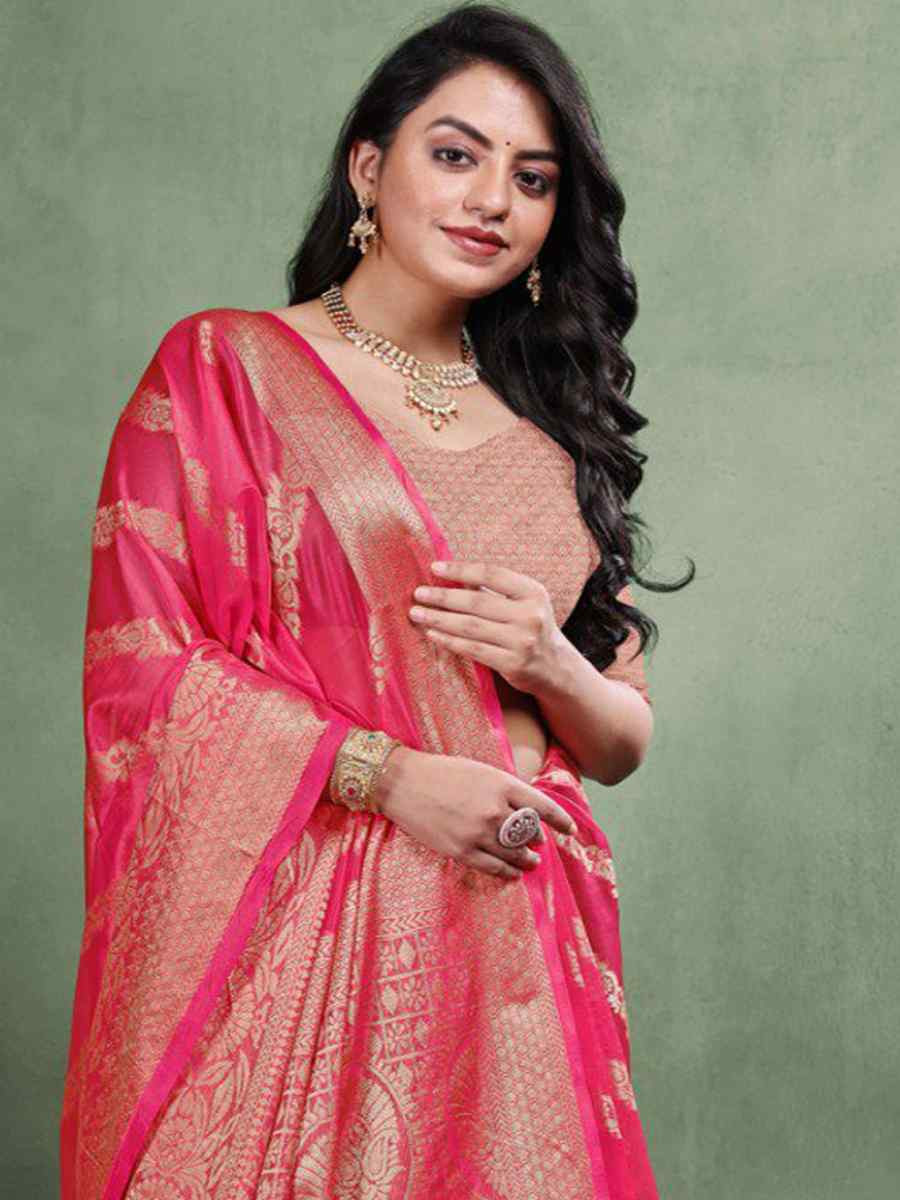 Pink Organza Silk Handwoven Zari Bridal Reception Festival Wedding Fancy Heavy Border Saree