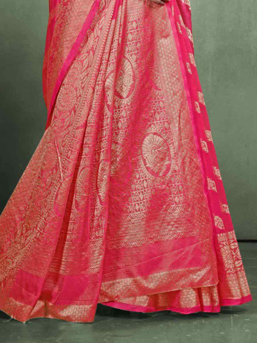 Pink Organza Silk Handwoven Zari Bridal Reception Festival Wedding Fancy Heavy Border Saree