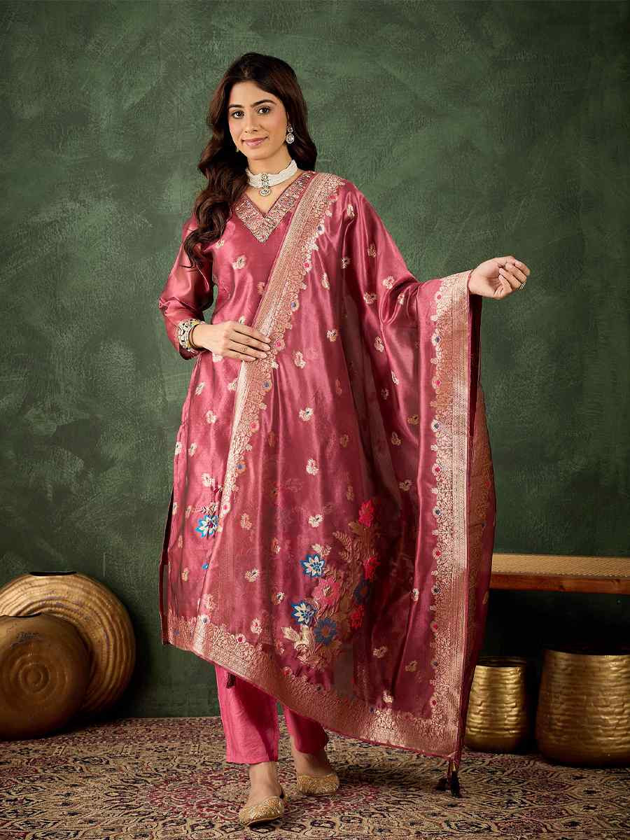 Pink Organza Silk Embroidered Festival Casual Ready Pant Salwar Kameez