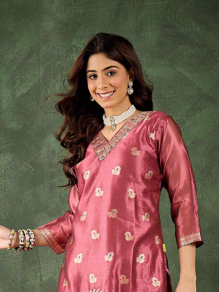 Pink Organza Silk Embroidered Festival Casual Ready Pant Salwar Kameez