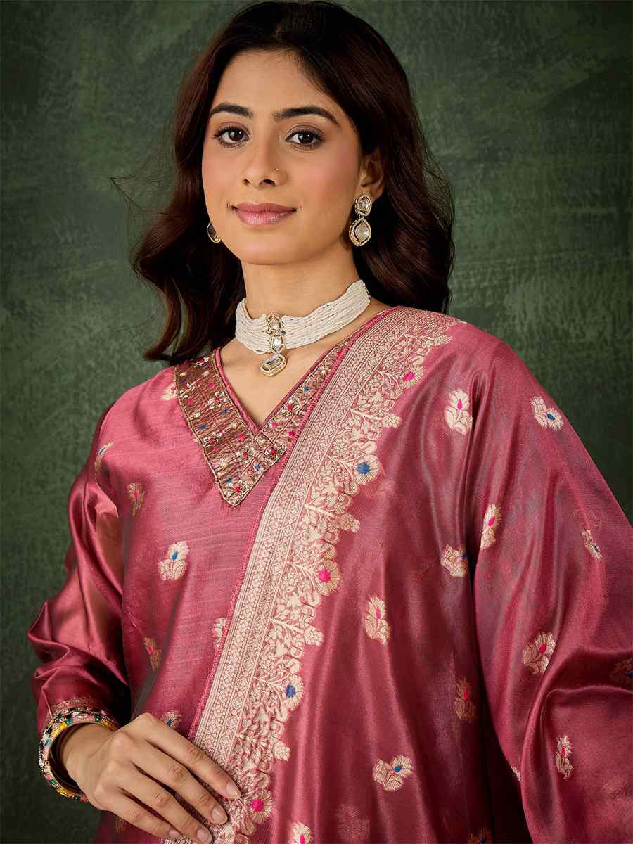 Pink Organza Silk Embroidered Festival Casual Ready Pant Salwar Kameez