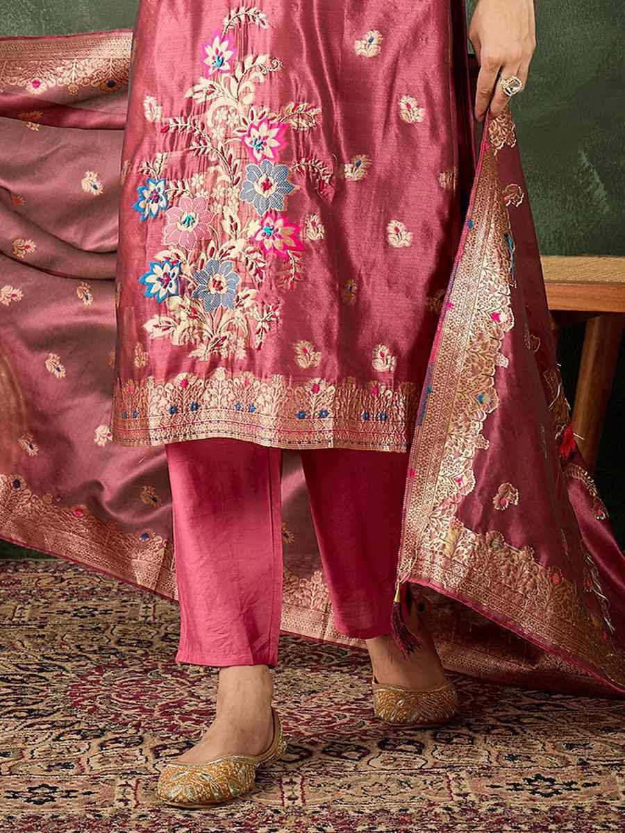 Pink Organza Silk Embroidered Festival Casual Ready Pant Salwar Kameez