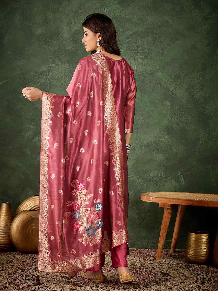 Pink Organza Silk Embroidered Festival Casual Ready Pant Salwar Kameez