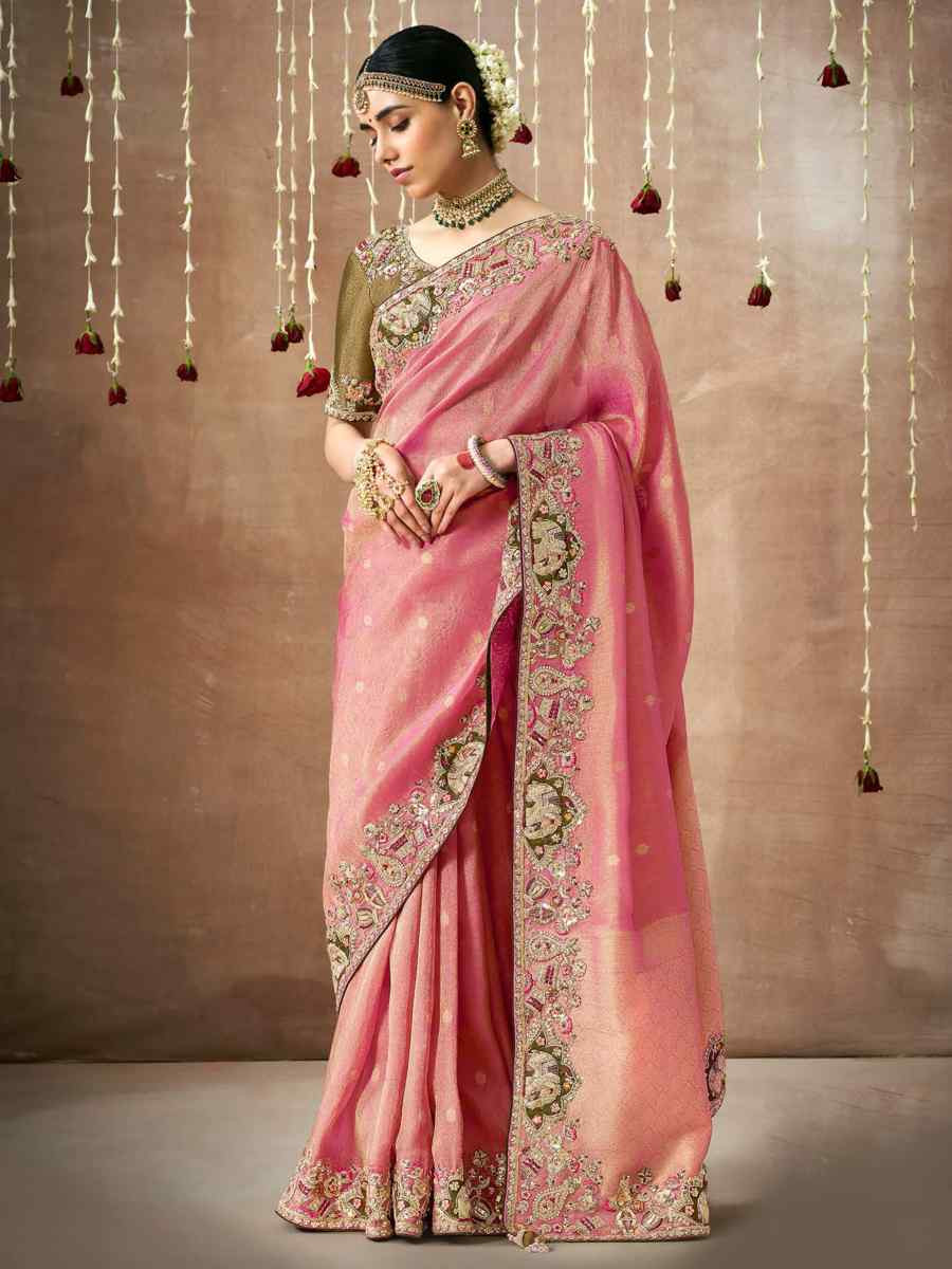 Pink Organza Silk Embroidered Reception Wedding Heavy Border Saree