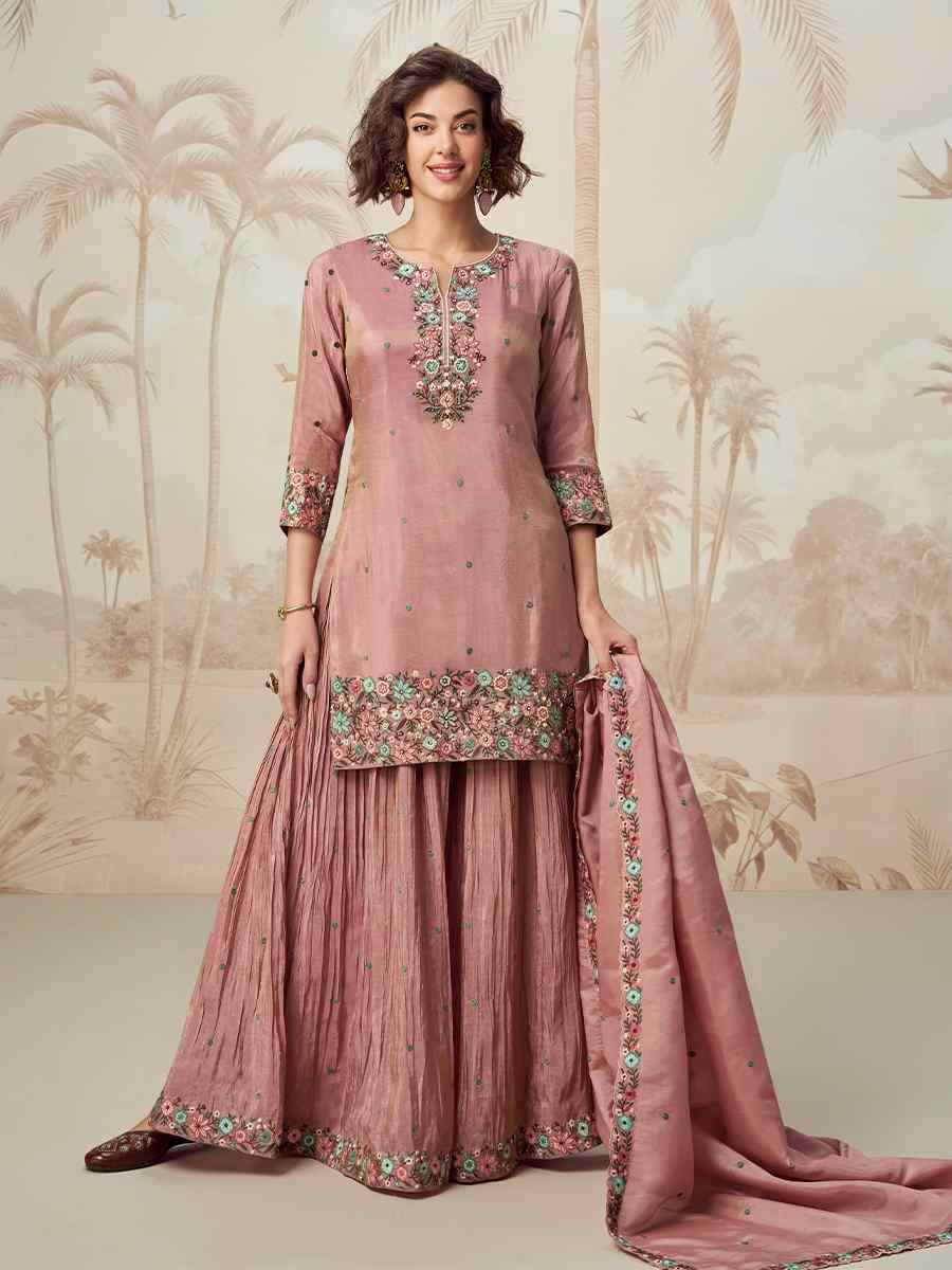 Pink Organza Simar Silk Embroidered Festival Casual Ready Palazzo Pant Salwar Kameez