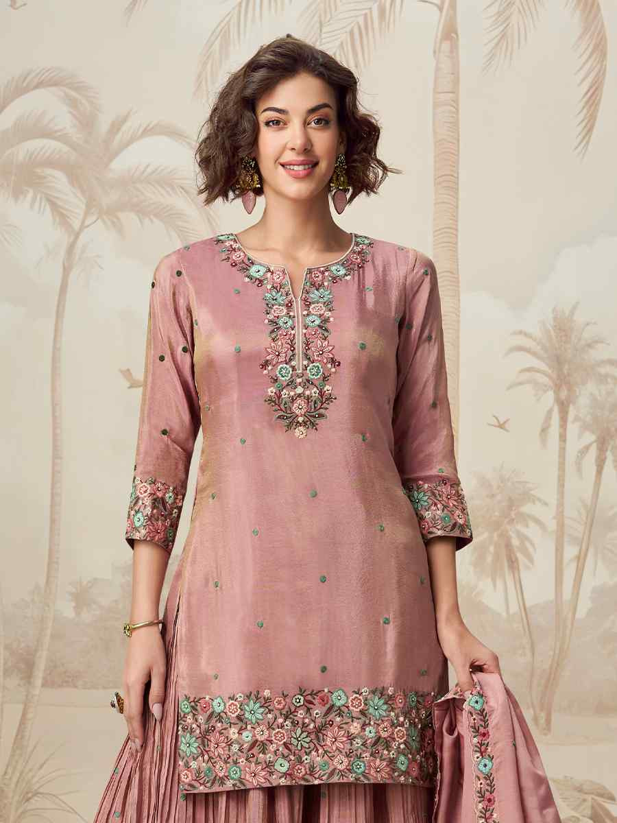 Pink Organza Simar Silk Embroidered Festival Casual Ready Palazzo Pant Salwar Kameez
