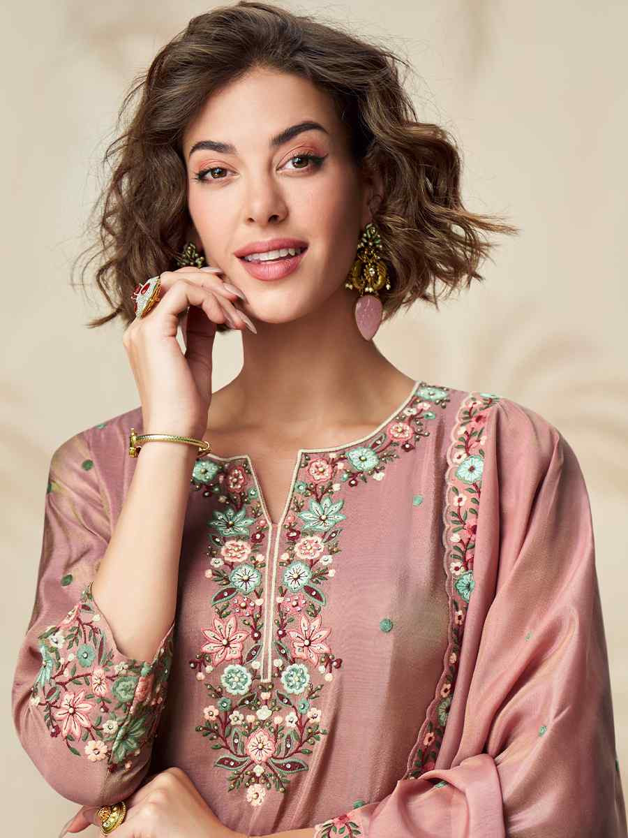 Pink Organza Simar Silk Embroidered Festival Casual Ready Palazzo Pant Salwar Kameez