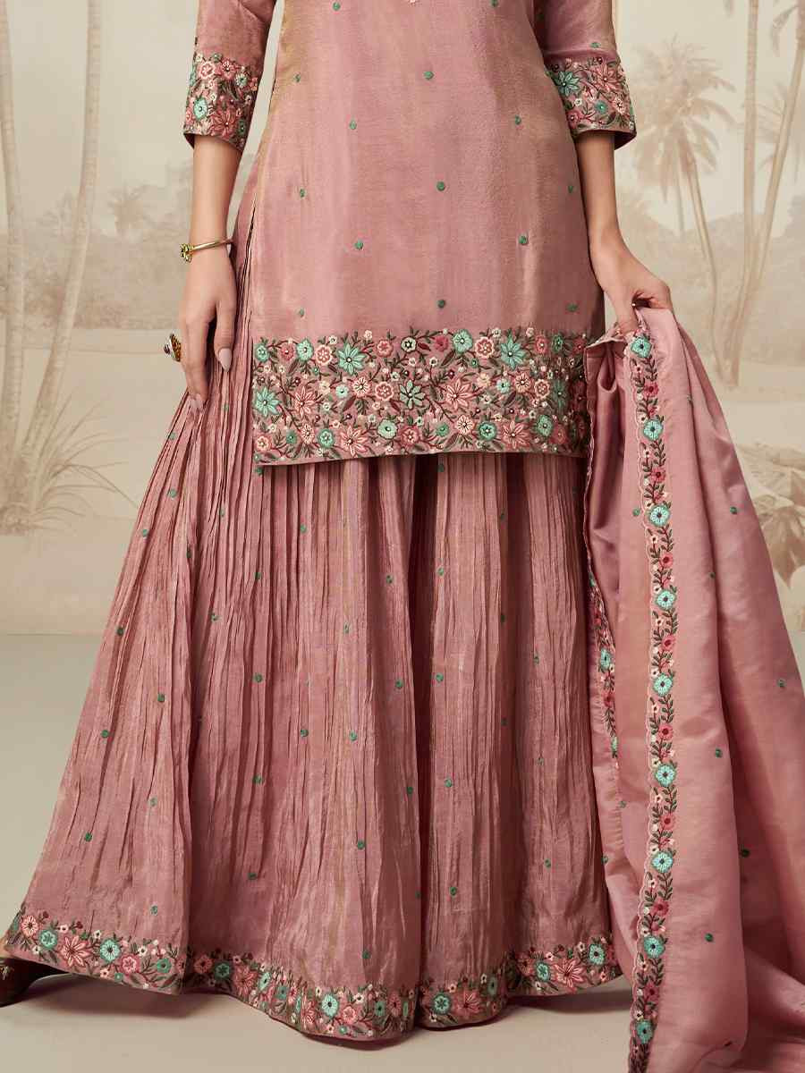 Pink Organza Simar Silk Embroidered Festival Casual Ready Palazzo Pant Salwar Kameez