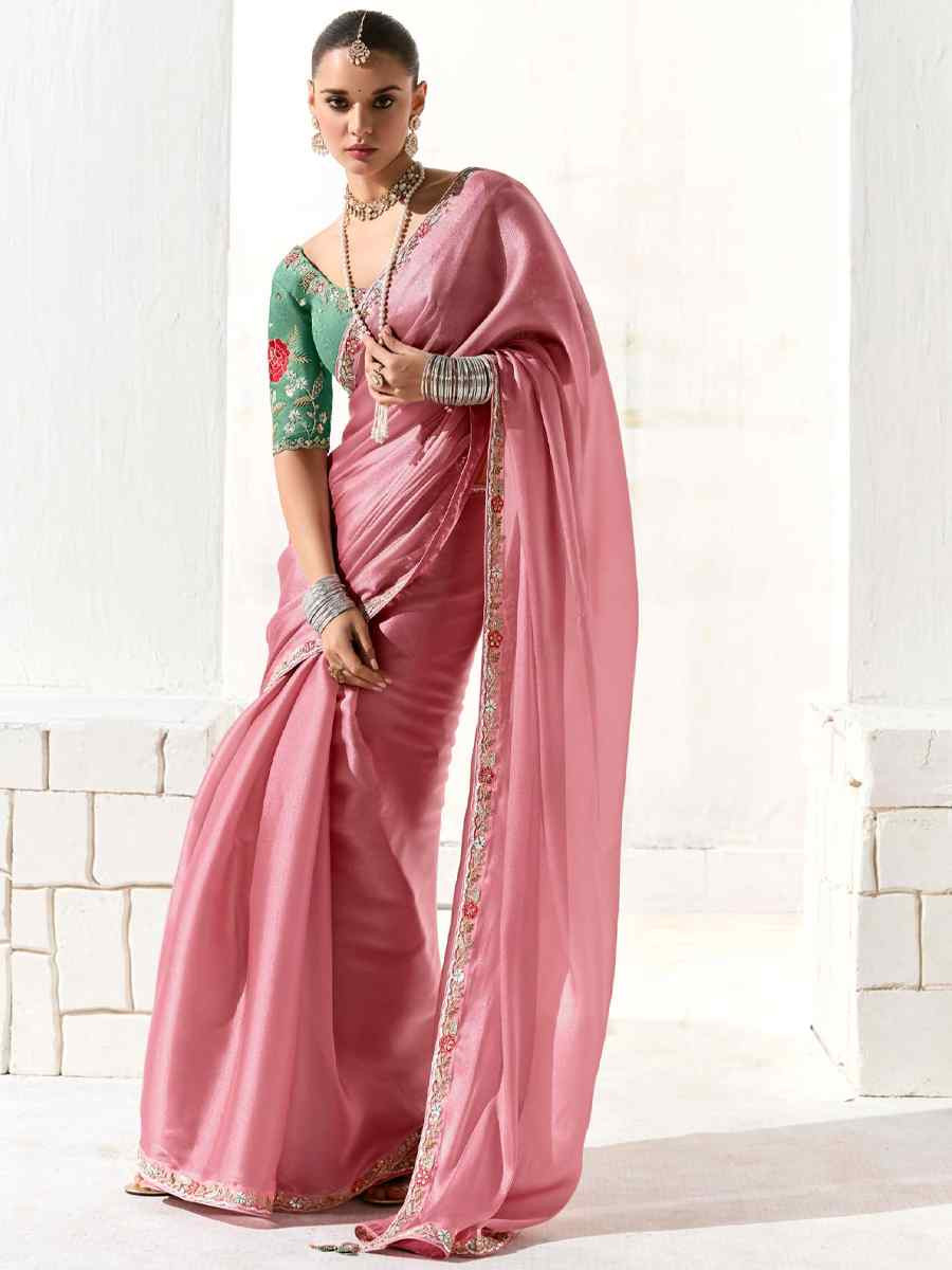 Pink Organza Tissue Embroidered Festival Wedding Fancy Heavy Border Saree