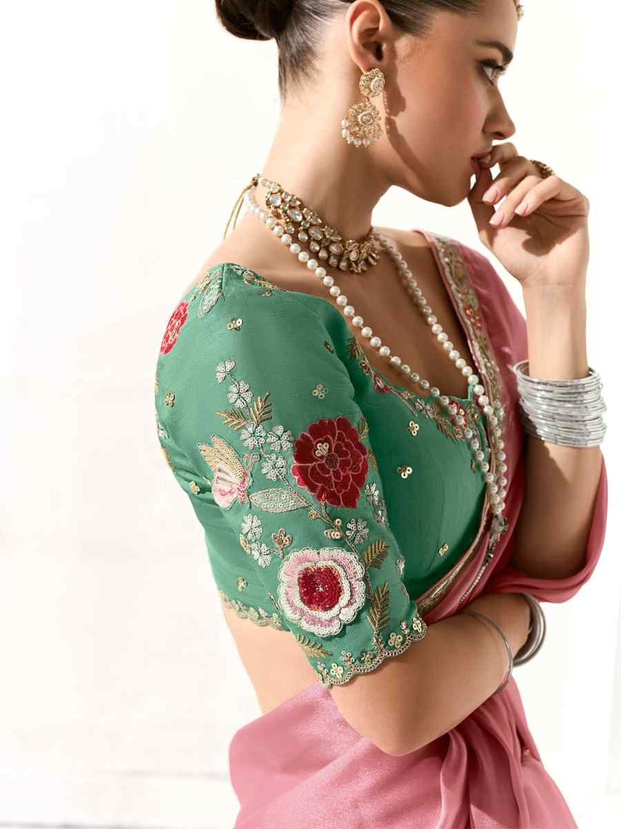 Pink Organza Tissue Embroidered Festival Wedding Fancy Heavy Border Saree