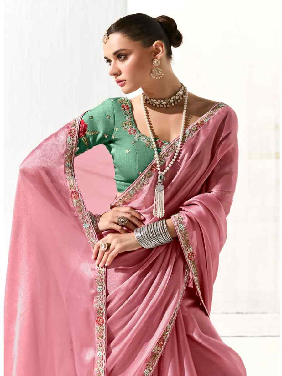 Pink Organza Tissue Embroidered Festival Wedding Fancy Heavy Border Saree
