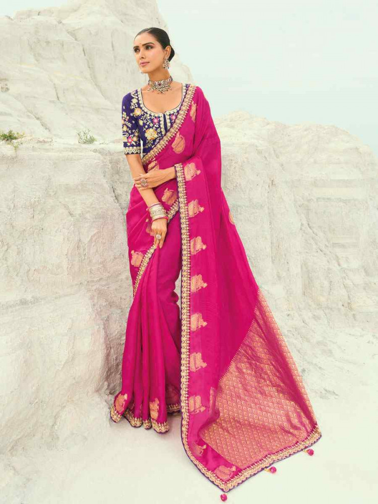 Image of Pink Organza Viscose Embroidery Bridal Reception Festival Wedding Fancy Heavy Border Saree