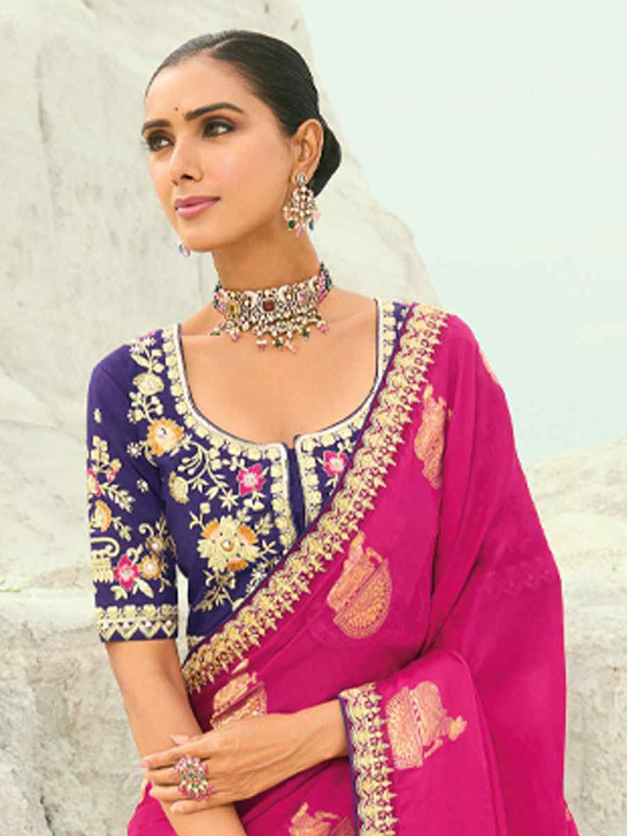 Pink Organza Viscose Embroidery Bridal Reception Festival Wedding Fancy Heavy Border Saree