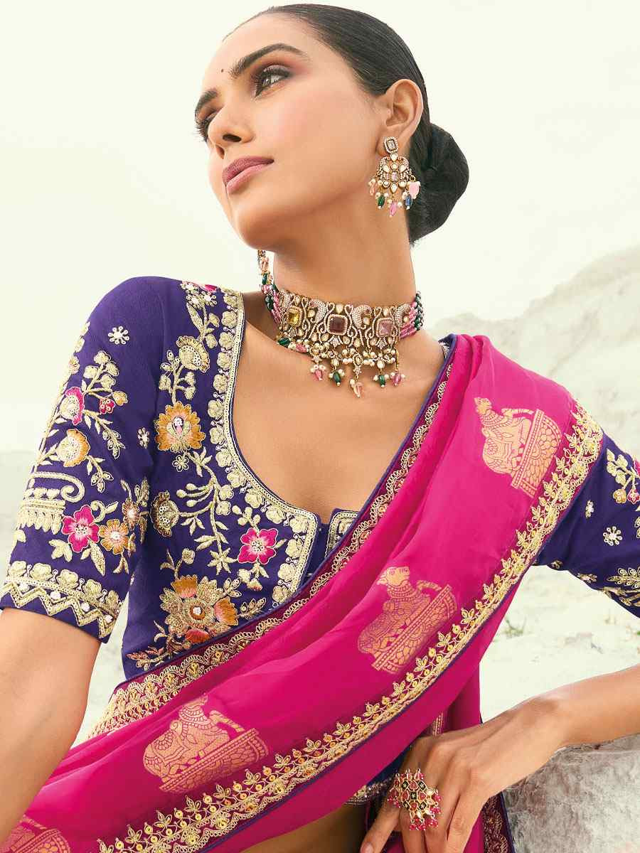 Pink Organza Viscose Embroidery Bridal Reception Festival Wedding Fancy Heavy Border Saree