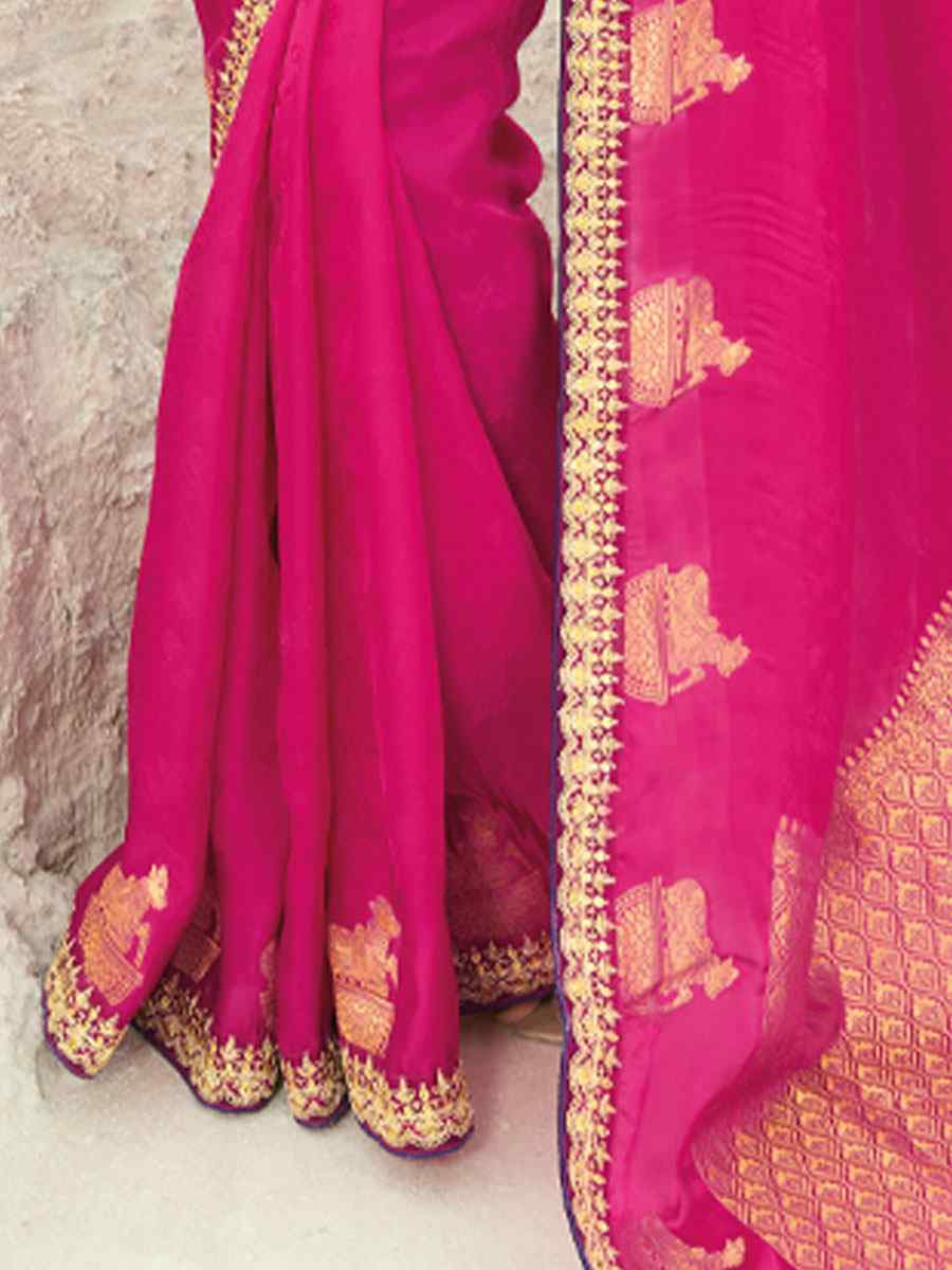 Pink Organza Viscose Embroidery Bridal Reception Festival Wedding Fancy Heavy Border Saree