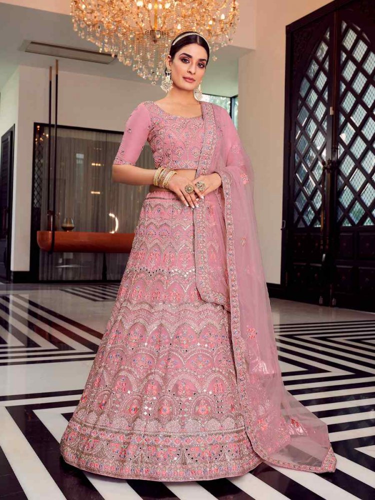 Pink Organza Zari Bridal Heavy Border Lehenga Choli