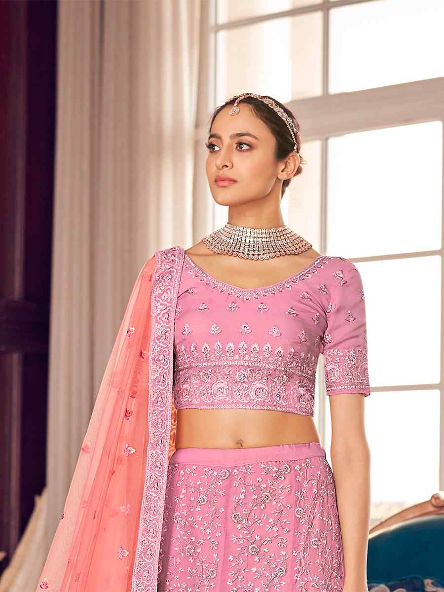 Pink Organza Zari Bridal Reception Heavy Border Lehenga Choli
