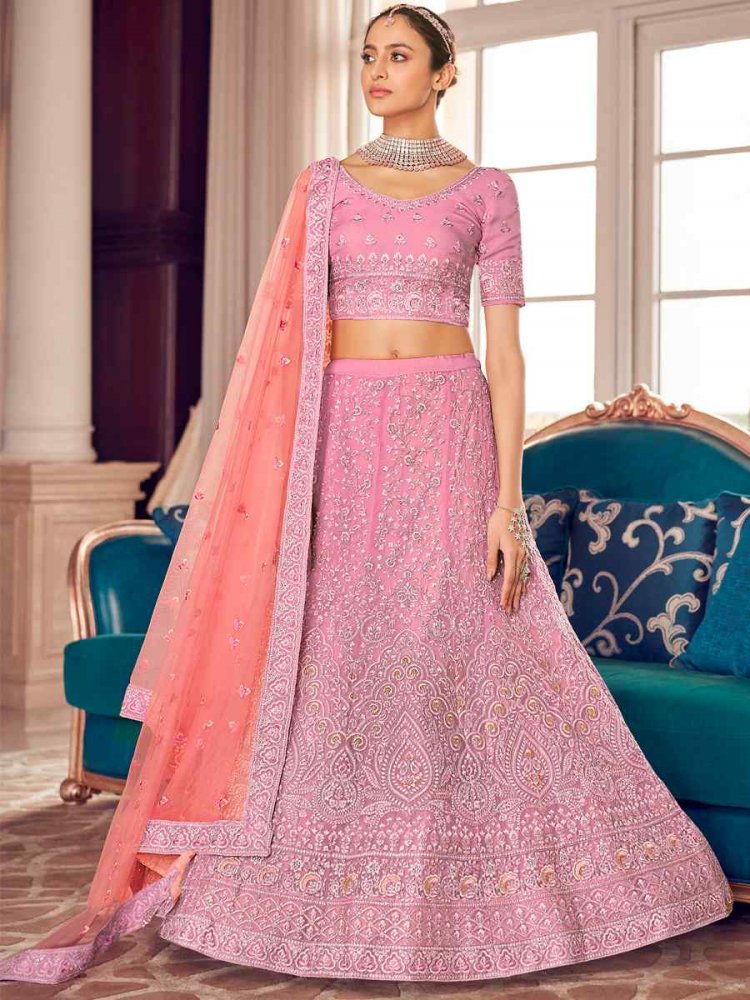 Pink Organza Zari Bridal Reception Heavy Border Lehenga Choli