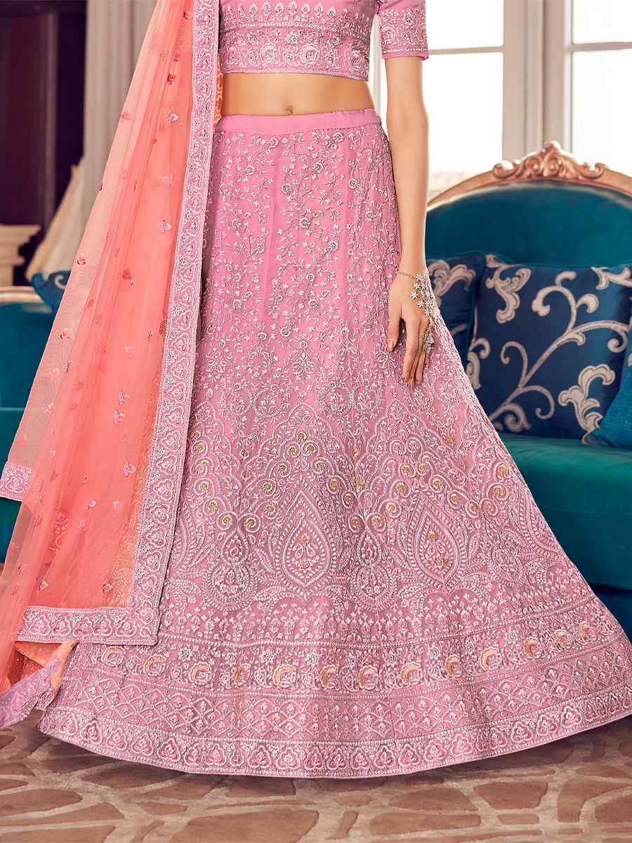 Pink Organza Zari Bridal Reception Heavy Border Lehenga Choli