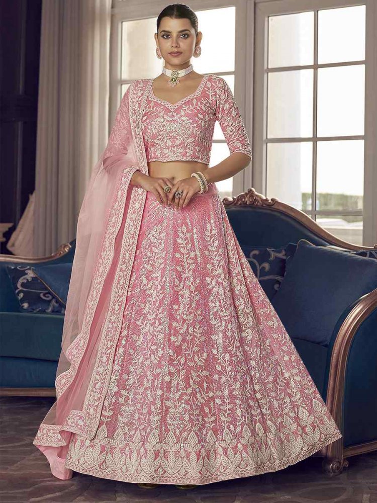 Pink Organza Zari Sequins Bridal Bridesmaid Heavy Border Lehenga Choli