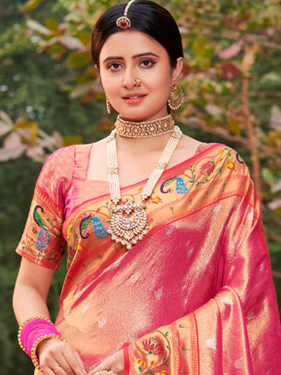 Pink Paithani Silk Handwoven Festival Wedding Heavy Border Saree