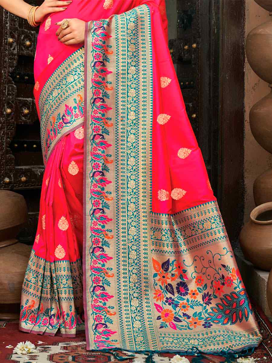 Pink Paithani Silk Handwoven Printed Wedding Heavy Border Saree