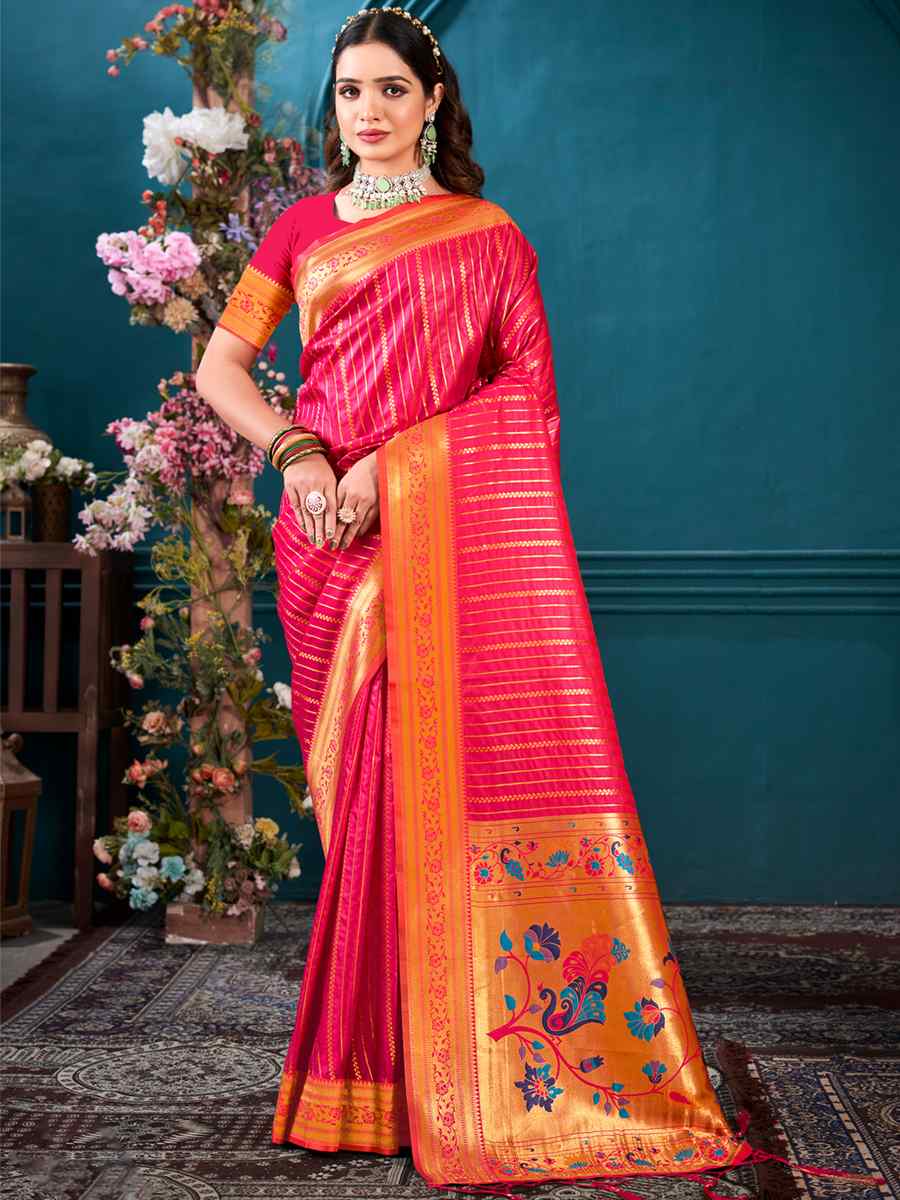 Pink Paithani Silk Handwoven Wedding Festival Heavy Border Saree