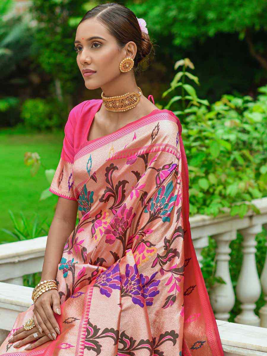 Pink Paithani Silk Handwoven Wedding Festival Heavy Border Saree