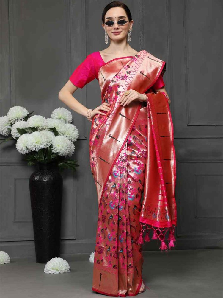 Pink Paithani Silk Handwoven Wedding Festival Heavy Border Saree