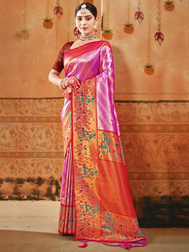 Pink Paithani Silk Handwoven Wedding Festival Heavy Border Saree