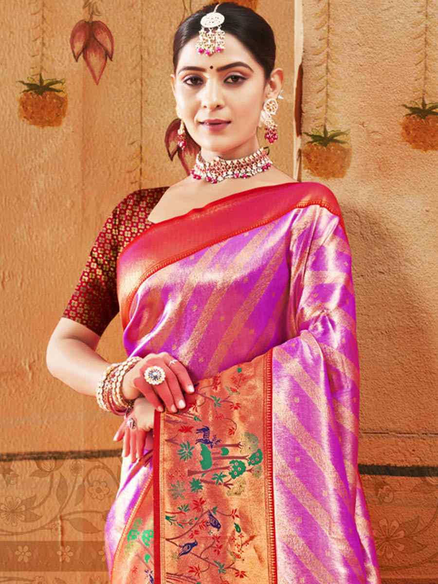 Pink Paithani Silk Handwoven Wedding Festival Heavy Border Saree