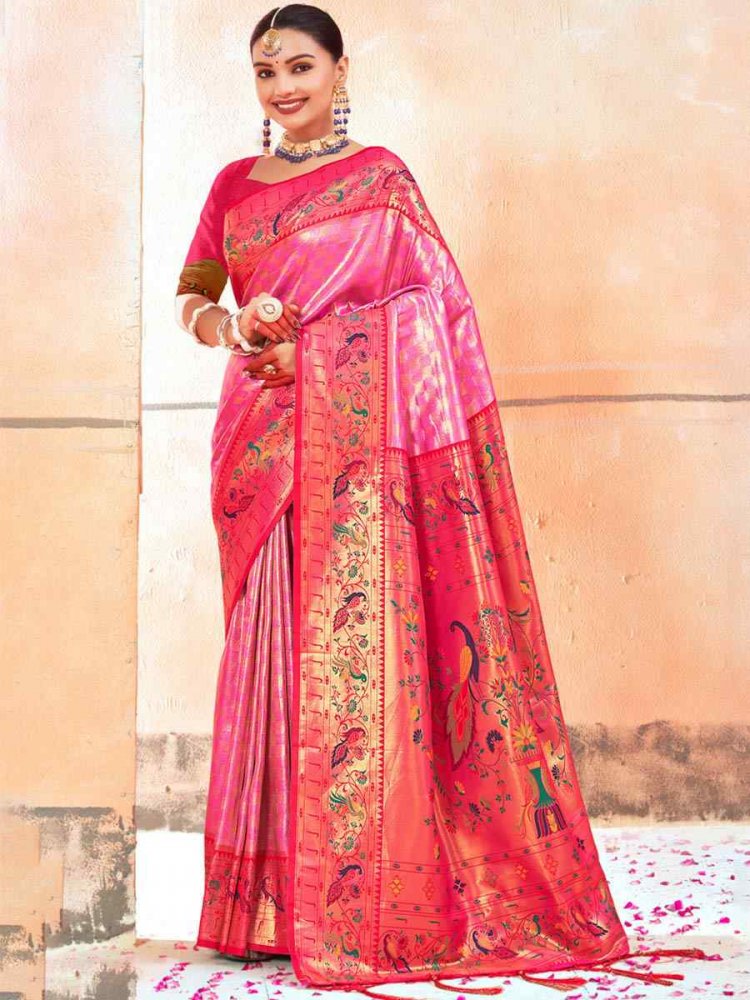 Pink Paithani Silk Handwoven Wedding Festival Heavy Border Saree