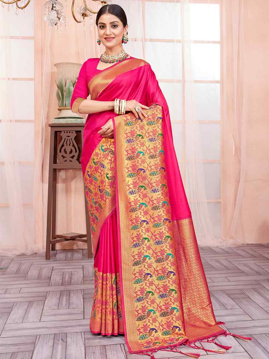 Pink Paithani Silk Handwoven Wedding Festival Heavy Border Saree