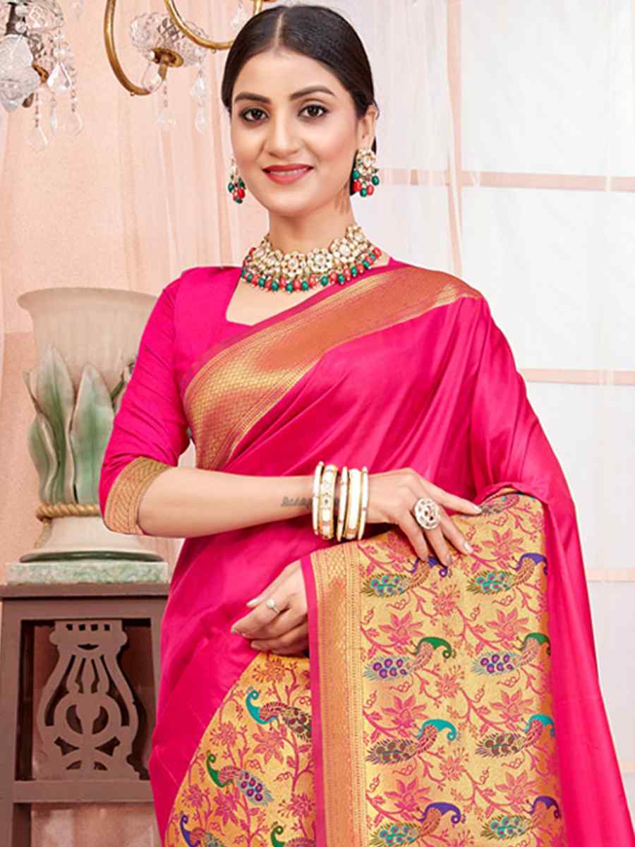 Pink Paithani Silk Handwoven Wedding Festival Heavy Border Saree