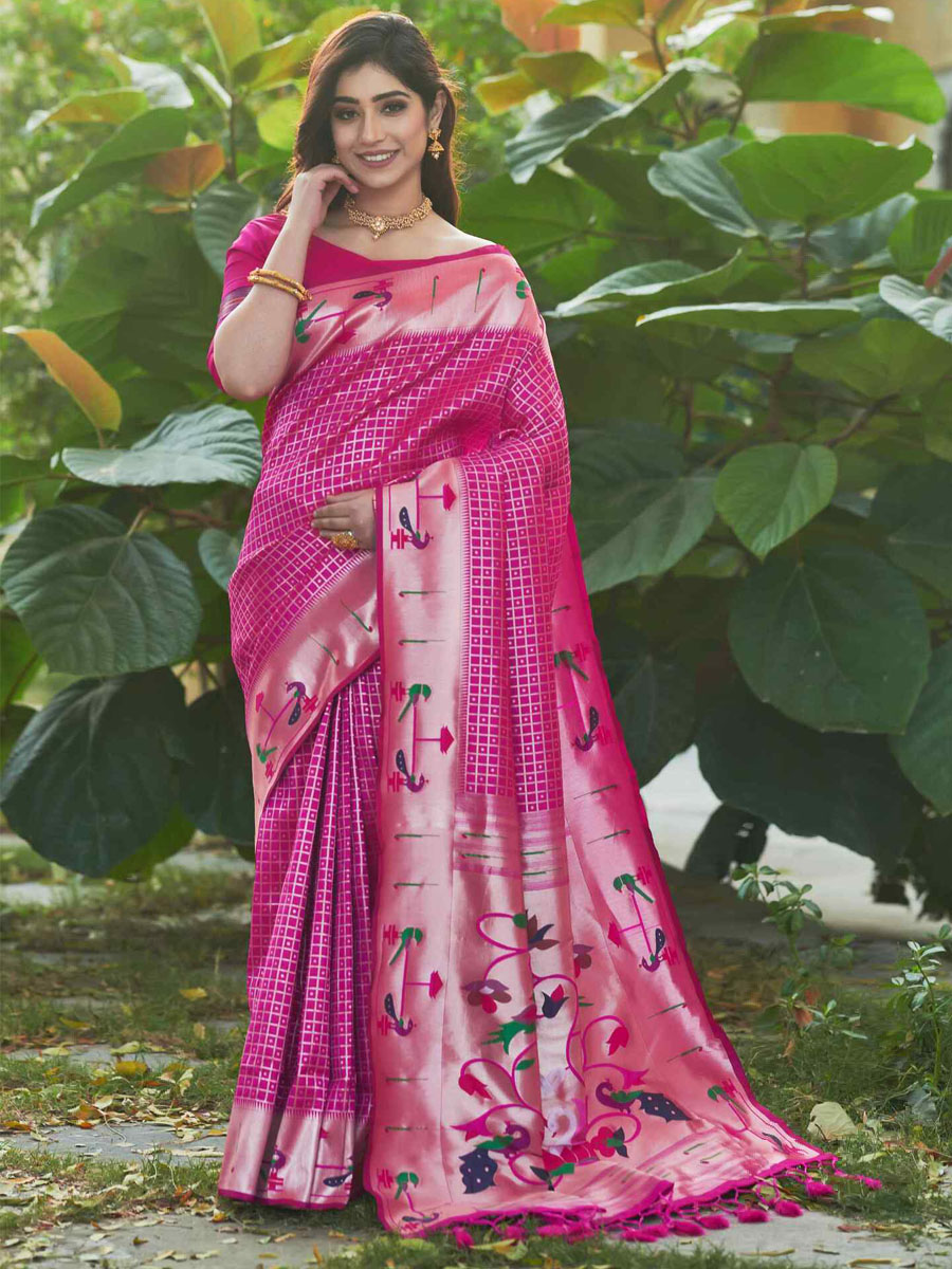 Pink Paithani Silk Handwoven Wedding Festival Heavy Border Saree
