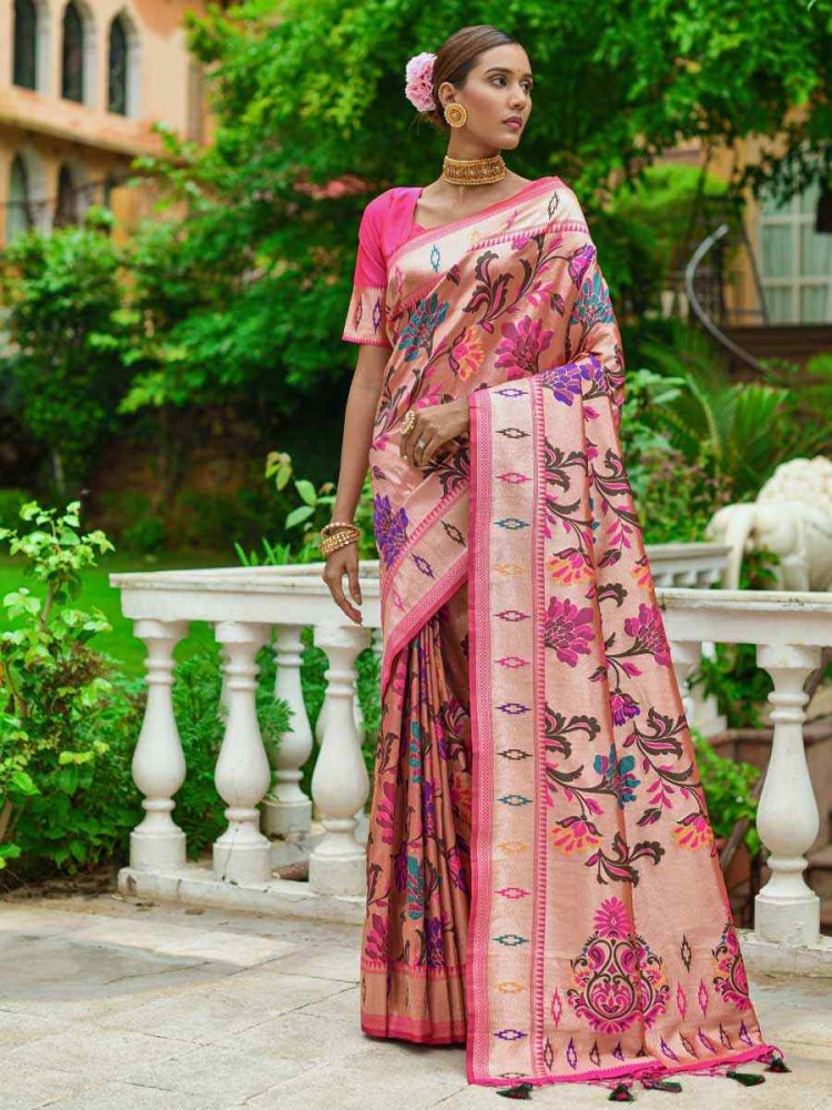 Pink Paithani Silk Handwoven Wedding Festival Heavy Border Saree