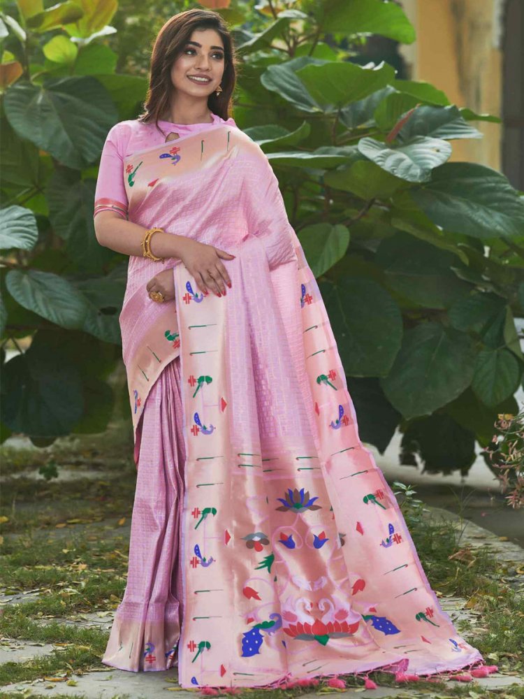 Pink Paithani Silk Handwoven Wedding Festival Heavy Border Saree