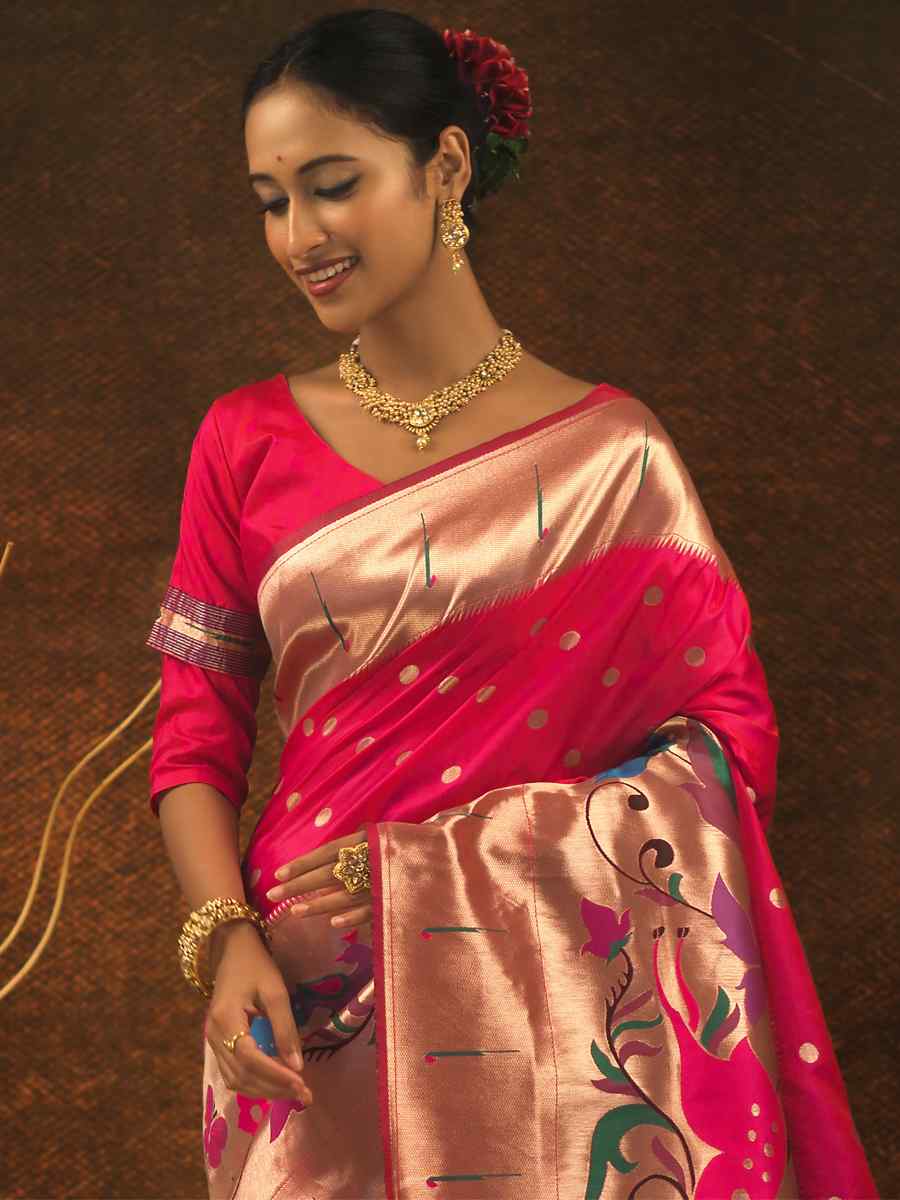 Pink Paithani Silk Handwoven Wedding Festival Heavy Border Saree