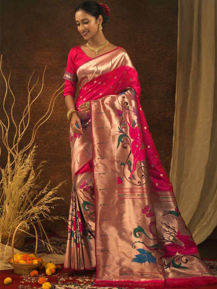 Pink Paithani Silk Handwoven Wedding Festival Heavy Border Saree