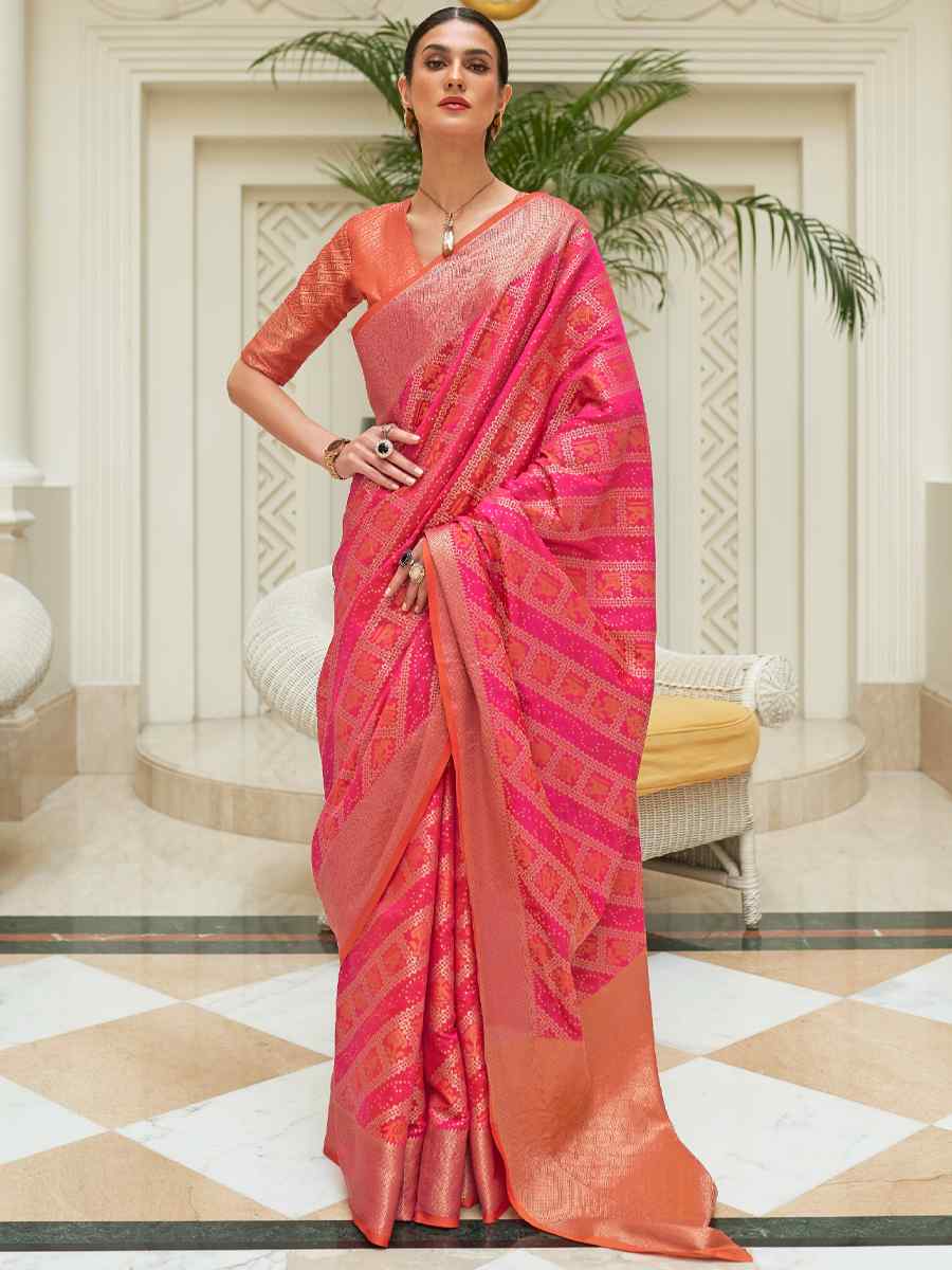 Pink Patola Silk Handwoven Party Festival Heavy Border Saree