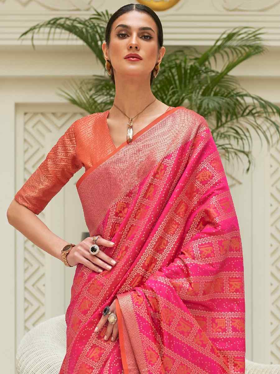 Pink Patola Silk Handwoven Party Festival Heavy Border Saree