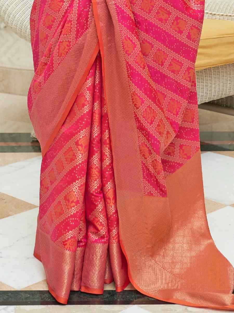 Pink Patola Silk Handwoven Party Festival Heavy Border Saree