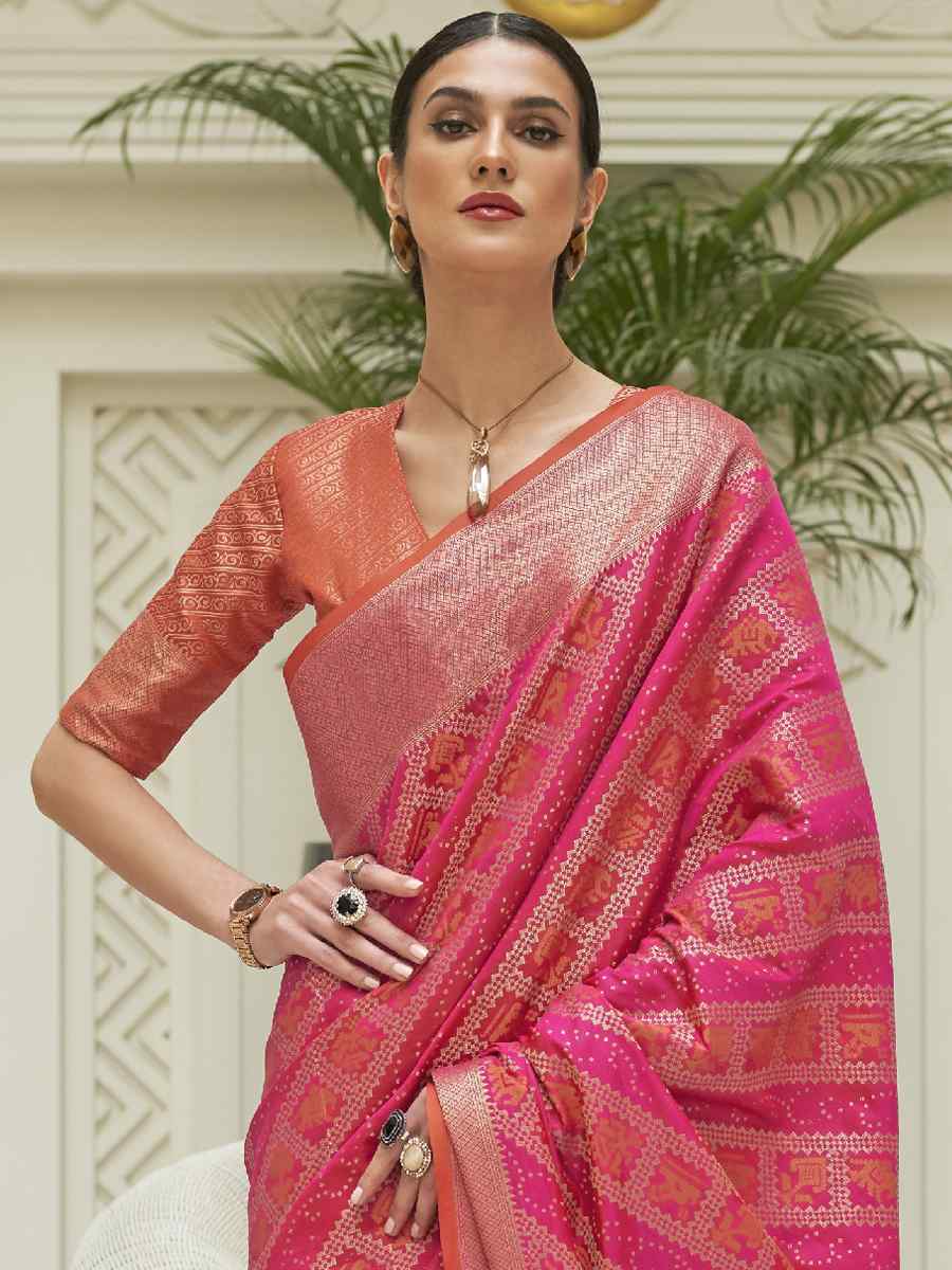 Pink Patola Silk Handwoven Wedding Festival Heavy Border Saree