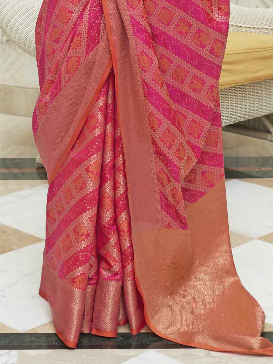 Pink Patola Silk Handwoven Wedding Festival Heavy Border Saree